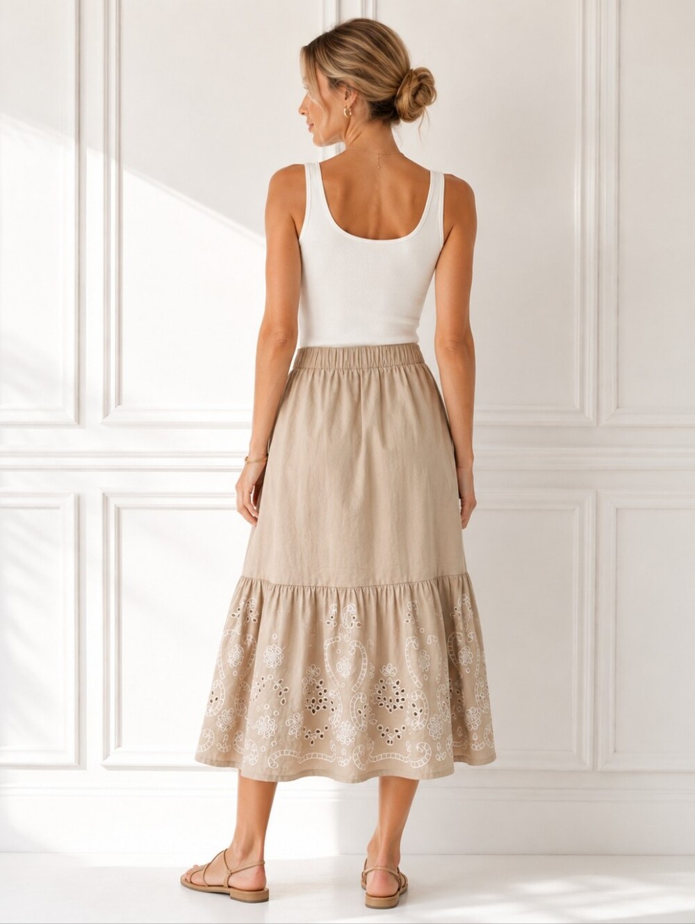 Moon River Embroidered Eyelet Cotton Maxi Skirt Tan | Size Medium - Picture 2 of 11
